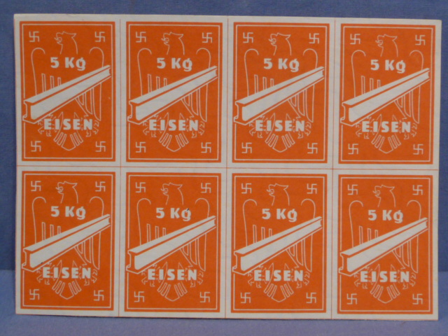 Original Nazi Era German Card of 8 Ration Tickets for Purchasing 5 KG of Iron