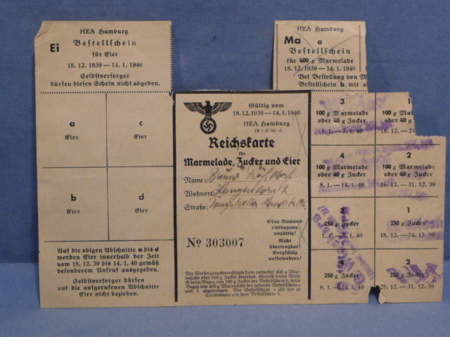 Original WWII German Civilian Marmalade, Sugar & Eggs Ration Card, Marmelade Zucker Eier