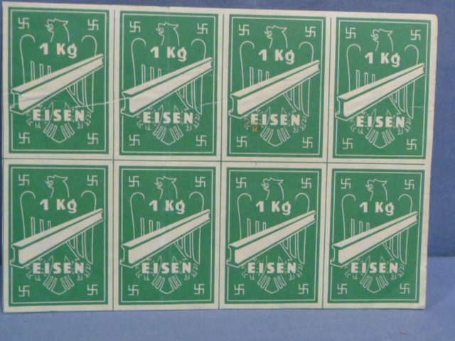 Original Nazi Era German Card of 8 Ration Tickets for Purchasing 1 KG of Iron