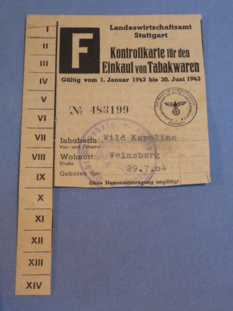 Original WWII German Control Card for Purchasing Tobacco Goods, Tabakwaren.