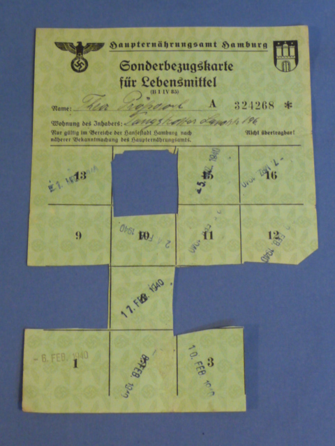 Original Nazi Era German Civilian Ration Card, Sonderbezugskarte fr Lebensmittel (Special Card)