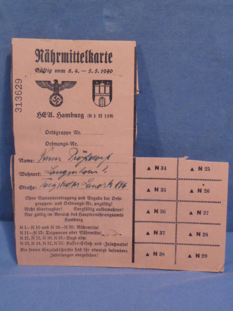Original Nazi Era German Civilian Ration Card, Nhrmittelkarte (Meal Card)