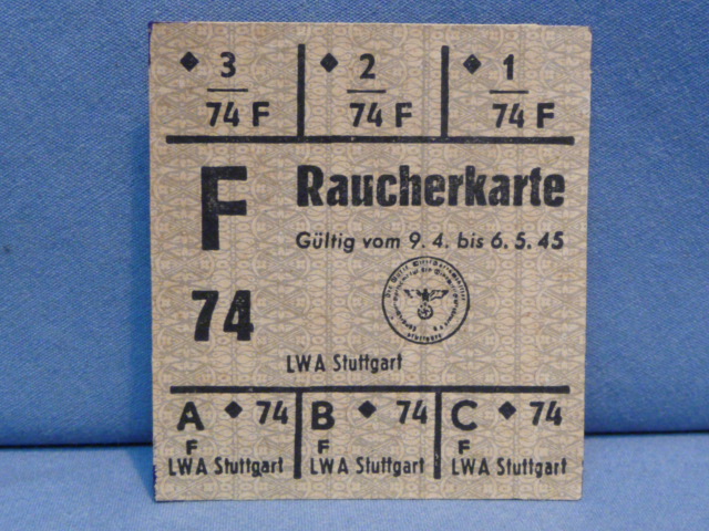 Original Nazi Era German Civilian Ration Card, Raucherkarte (Smoking Card)