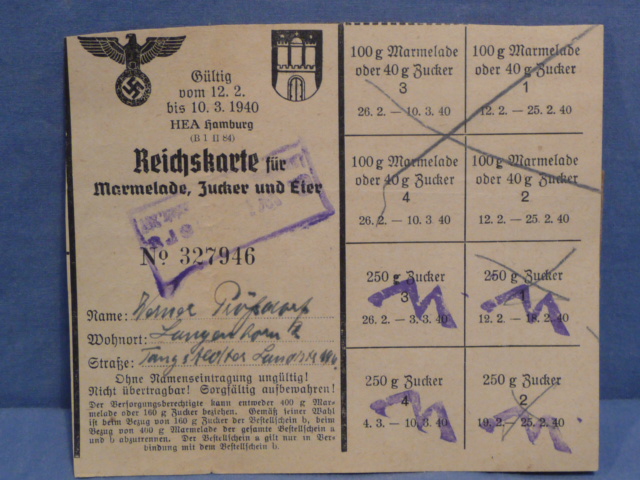 Original WWII German Civilian Marmalade, Sugar & Eggs Ration Card, Marmelade Zucker Eier