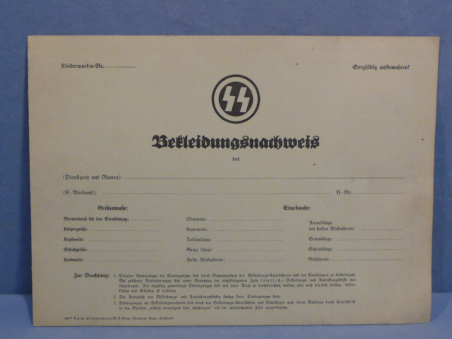 Original Nazi Era German SS Issued Clothing Document, Bekleidungsnachweis UNUSED!