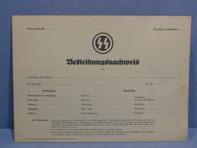 Original Nazi Era German SS Issued Clothing Document, Bekleidungsnachweis UNUSED!