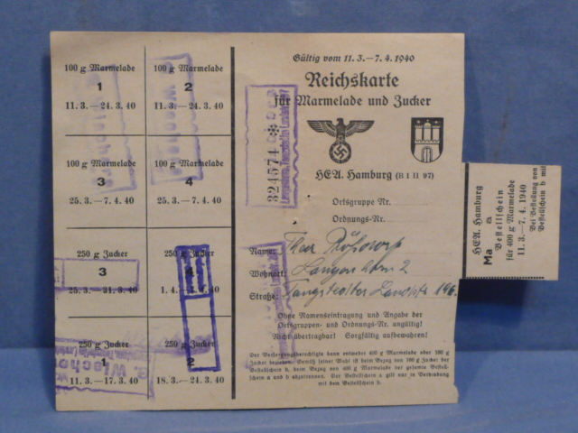 Original WWII German Civilian Marmalade & Sugar Ration Card, Marmelade und Zucker