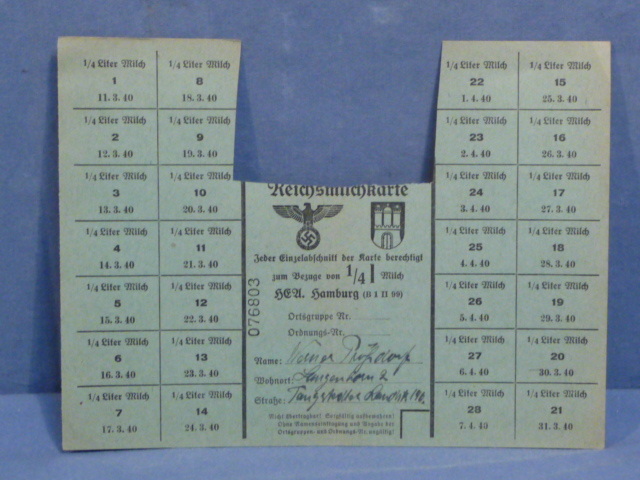 Original Nazi Era German Civilian Ration Card, Reichsmilchkarte (Reichs Milk Card)