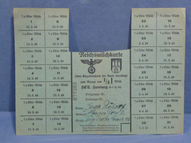 Original Nazi Era German Civilian Ration Card, Reichsmilchkarte (Reichs Milk Card)