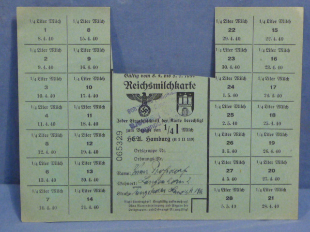 Original Nazi Era German Civilian Ration Card, Reichsmilchkarte (Reichs Milk Card)