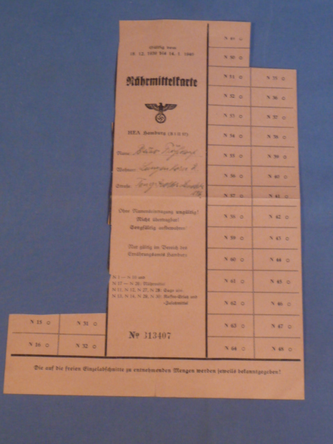 Original Nazi Era German Civilian Ration Card, N�hrmittelkarte (Meal Card)