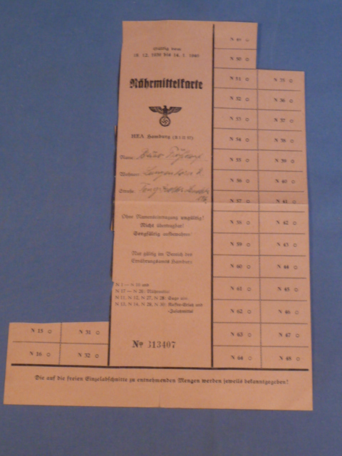 Original Nazi Era German Civilian Ration Card, Nhrmittelkarte (Meal Card)