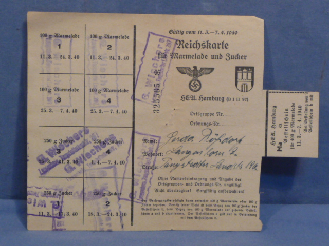 Original WWII German Civilian Marmalade and Sugar Ration Card, Marmelade und Zucker
