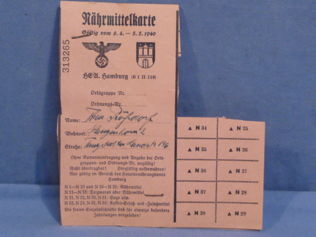 Original Nazi Era German Civilian Ration Card, N�hrmittelkarte (Meal Card) Set of 2
