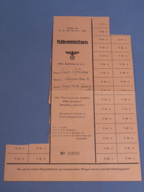 Original Nazi Era German Civilian Ration Card, Nhrmittelkarte (Meal Card)