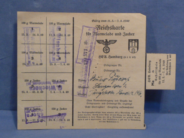 Original WWII German Civilian Marmalade and Sugar Ration Card, Marmelade und Zucker