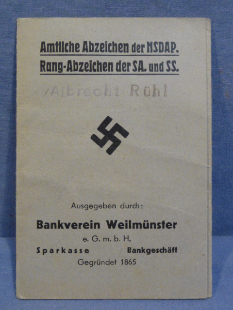 Original Nazi Era German NSDAP Badges & SA/SS Ranks Pamphlet, Rang Abzeichen der SA. und SS