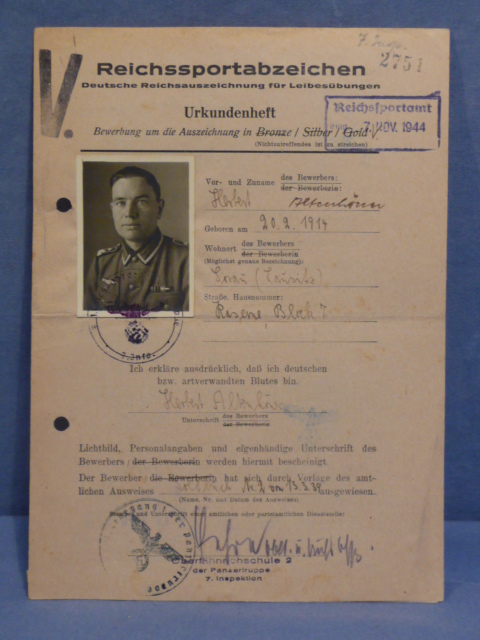 Original WWII German DRL Sports Badge Qualification/Award Document to Soldier, Late-War