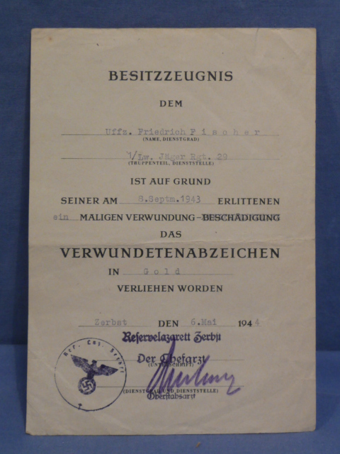 Original WWII German Luftwaffe Award Document, Wound Badge in GOLD!