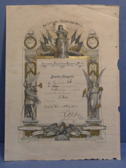 Original WWI Era German 1st Class Shooting Award Certificate, Foot Artillery Regiment 8