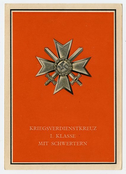 Original WWII German Medals Postcard, War Merit Cross 1st Class w/Swords