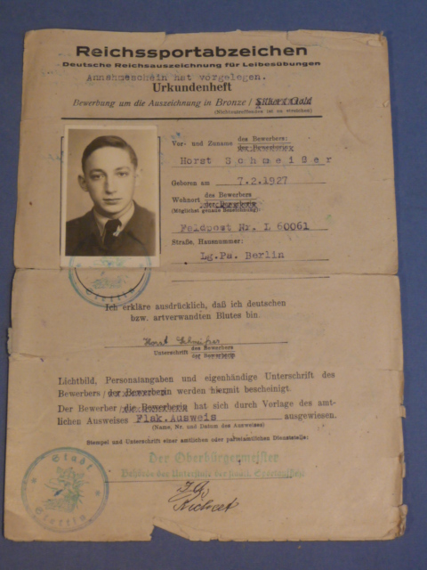 Original WWII German DRL Sports Badge Qualification/Award Document, Late-War