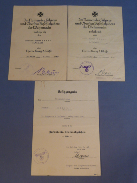 Original WWII German Soldier's Award Documents Set, Iron Cross 1st and 2nd Classes Infantry Assault