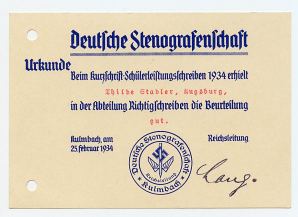 Original Nazi Era German Stenographer's Certificate