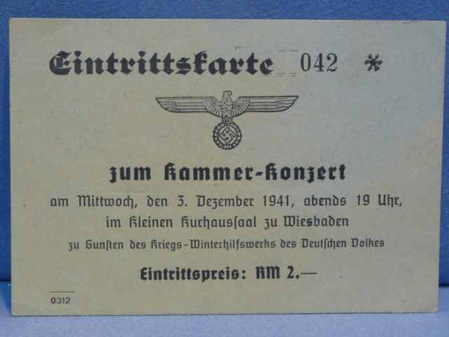 Original WWII German Chamber Concert Entrance Ticket, Eintrittskarte