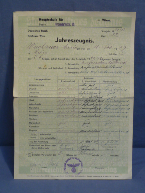 Original WWII German Secondary School Annual Report, Jahreszeugnis