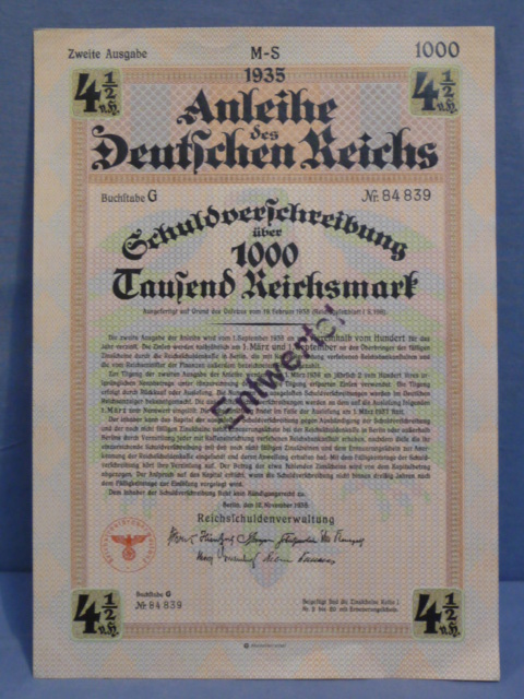 Original Nazi Era German 1935 Savings Bond, Schatzanweisung des Deutschen Reichs