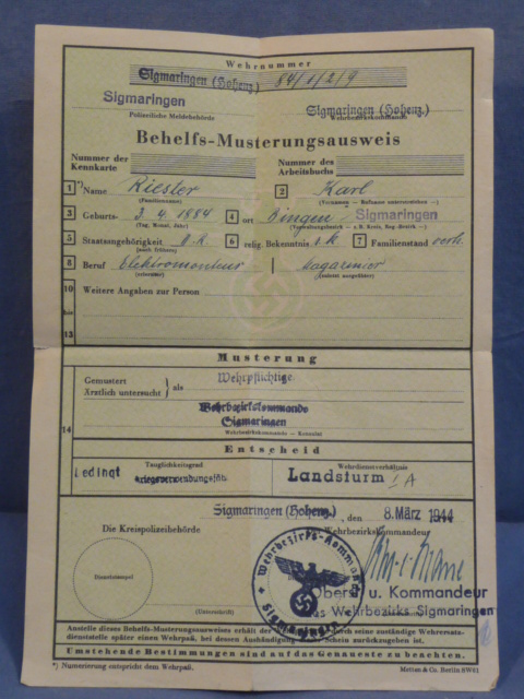 Original WWII German Temporary ID Card Document, Behelfs-Musterungsausweis