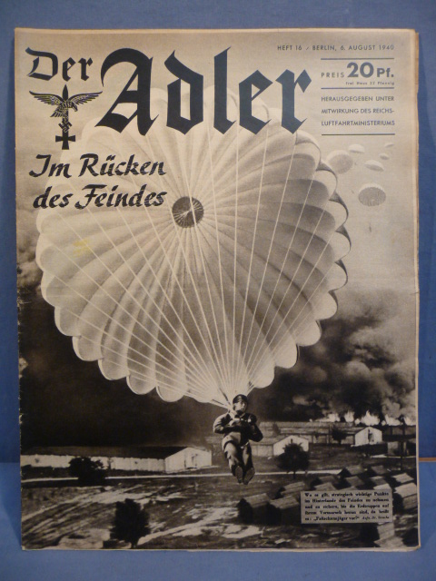 Original WWII German Luftwaffe Magazine Der Adler, August 1940 Fallschirmj�ger!