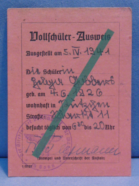 Original WWII German 1941 School ID Card, Vollschler - Ausweis