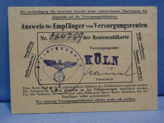 Original WWII German ID Card for Recipients of Retirement Pensions, Versorgungsrenten
