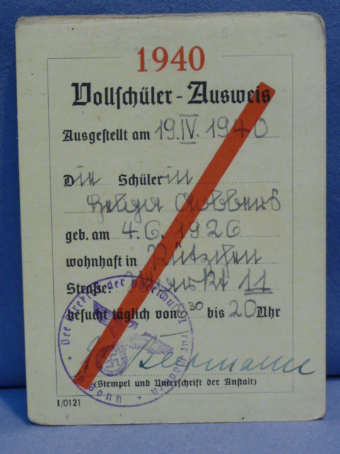 Original WWII German 1940 School ID Card, Vollsch�ler - Ausweis