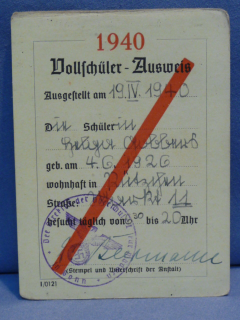 Original WWII German 1940 School ID Card, Vollschler - Ausweis