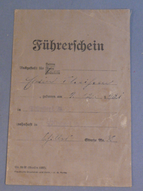 Original 1938 German Civilian Driver License, Fhrerschein