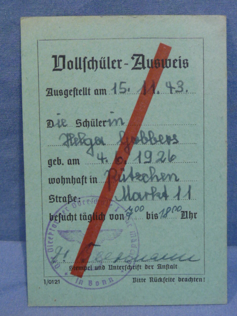 Original WWII German 1943 School ID Card, Vollsch�ler - Ausweis