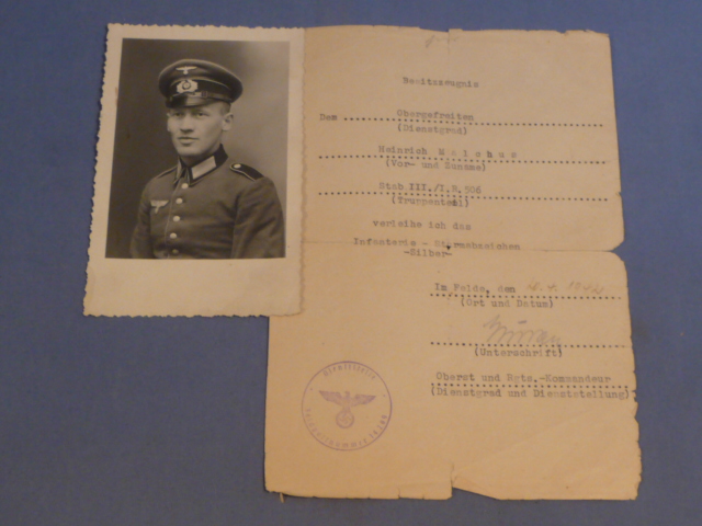 Original WWII German Infantry Assault Badge in Silver Award Document & Photograph