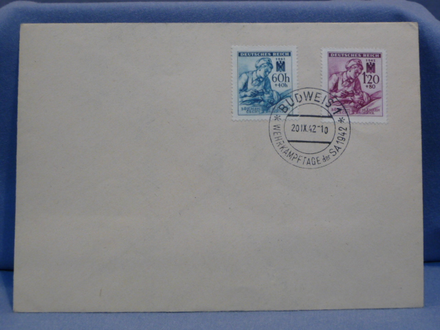 Original WWII German Envelope with Red Cross Themed Postage Stamps, Day of the SA Cancellation