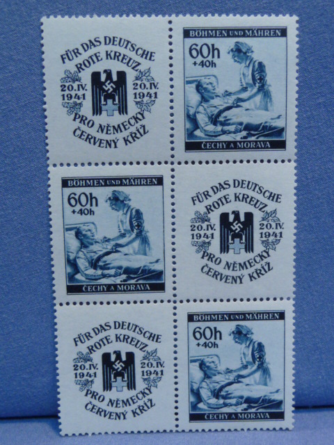 Original WWII German Red Cross Themed Postage Stamp Set, 6 Stamps (Blue)