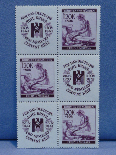 Original WWII German Red Cross Themed Postage Stamp Set, 6 Stamps (Red)