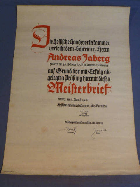 Original 1937 German Award of a Master Craftsman's Certificate, Meisterbrief
