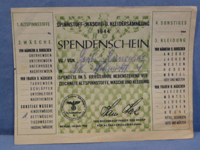 Original WWII German Clothing Donation Form, SPENDENSCHEIN