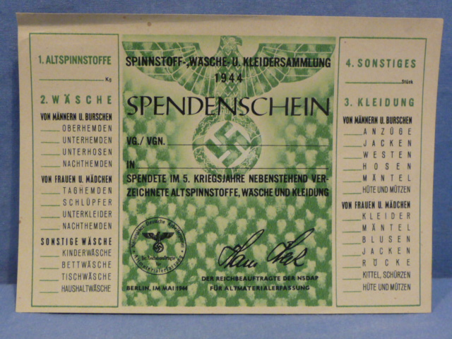Original WWII German Clothing Donation Form, SPENDENSCHEIN