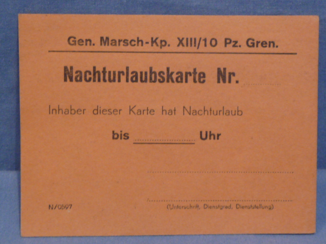 Original WWII German Night Leave Card (Unused) 10th Panzer Grenadier, Nachturlaubskarte