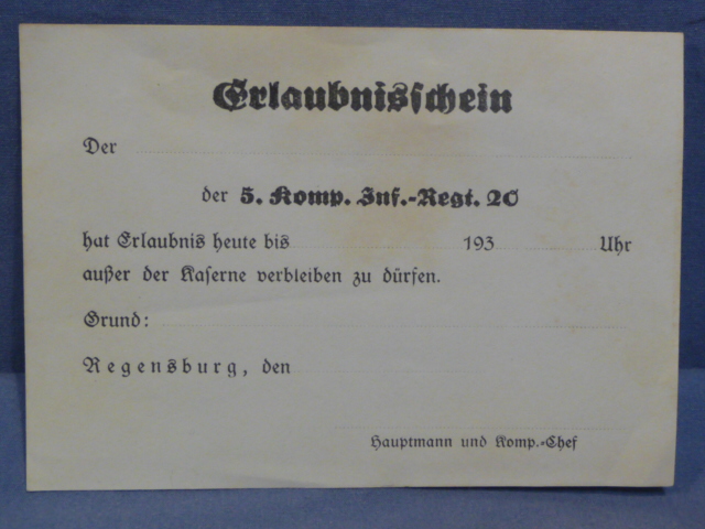 Original WWII German Permit Card (Unused) Infantry Regiment 20, Erlaubnisschein