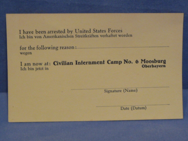 Original Late WWII/Early Postwar US Military Civilian Arrest Form, Internment Camp No. 6