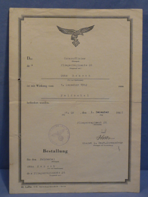 Original WWII German Luftwaffe (Air Force) NCO Soldier's Promotion Document